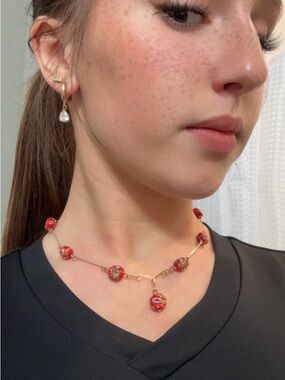 Gold-Tone Red Glass Art Bead Necklace, One of a Kind- Handmade Elegance